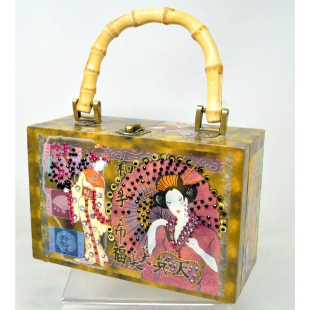 Vintage Geisha Design Box Handbag Purse Bamboo Handle Rhinestones Sequins Hardsi
